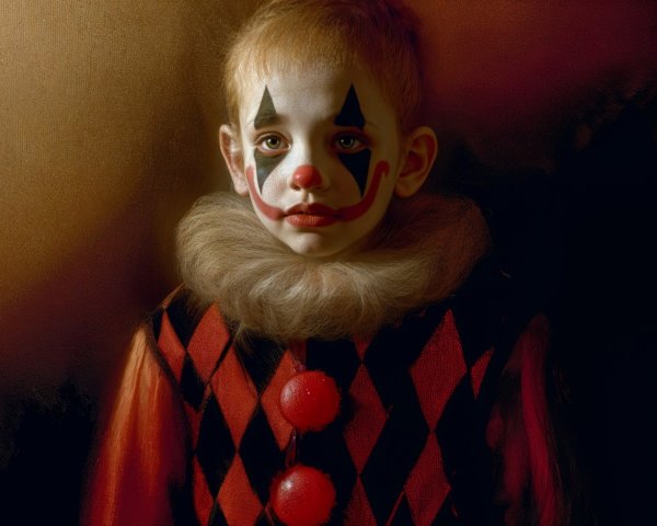 Young Boy in Clown Costume in Dimly Lit Setting