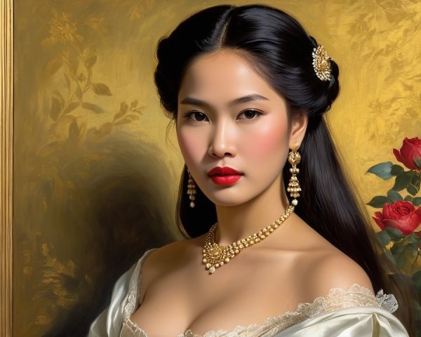 Elegant Woman in Lavish Gown with Floral Backdrop