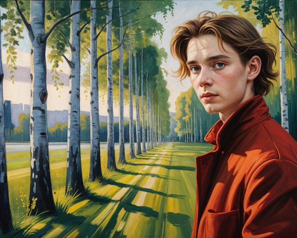 Young man in red jacket in sunlit park setting