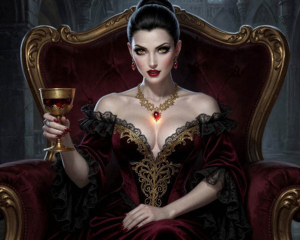Detailed Painting of a Pale Vampire Woman in Velvet