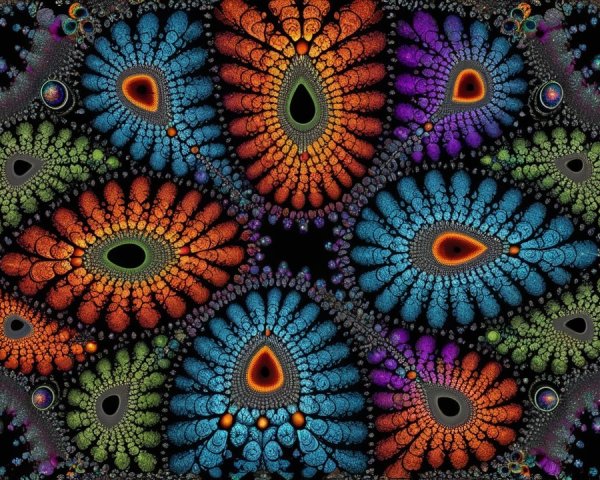 Vibrant Fractal Patterns with Floral Structures on Black