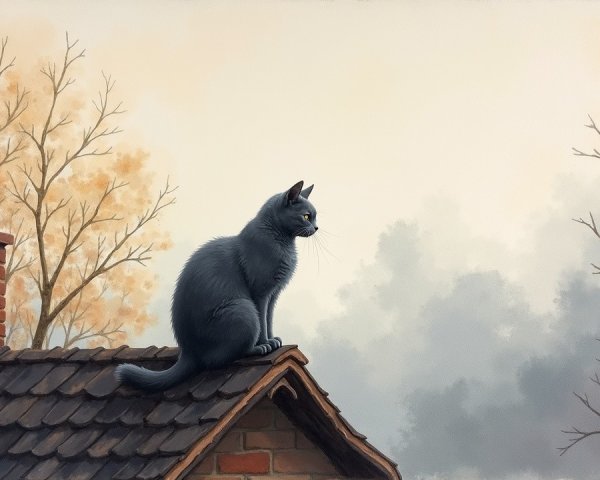 Serene Landscape with Gray Cat on Rustic Roof