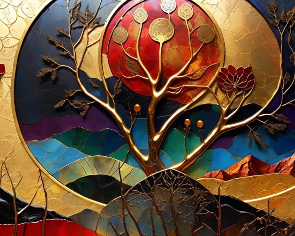 Vibrant Tree Design with Celestial Elements and Mountains