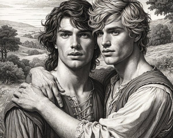 Young Men Embracing in a Scenic Landscape