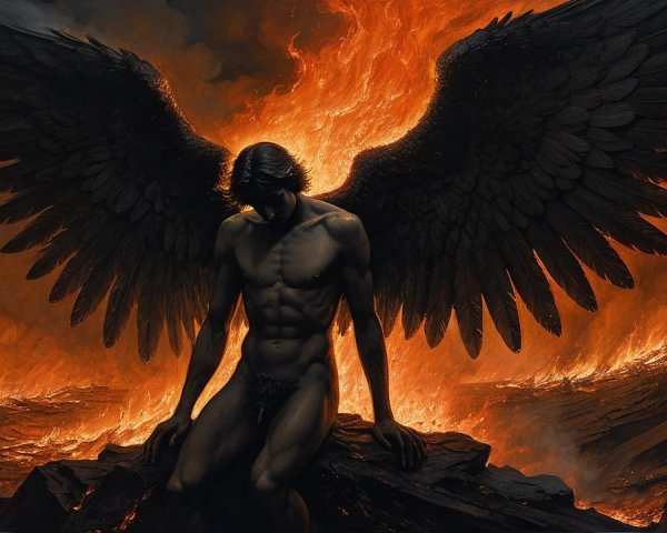 Powerful figure with dark wings in fiery landscape