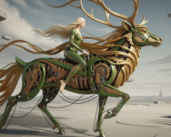 Blonde Cybernetic Woman on Mechanical Deer in Futuristic Landscape