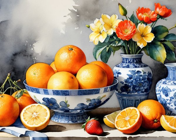 Cheerful Still Life with Bowl of Oranges and Flowers