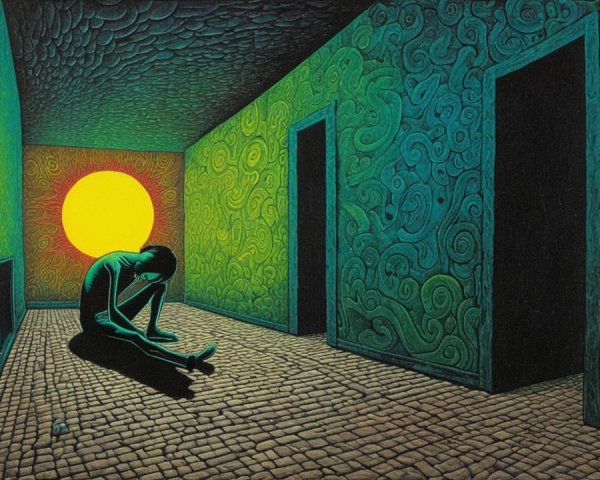 Surreal Room with Vibrant Colors and Solitary Figure