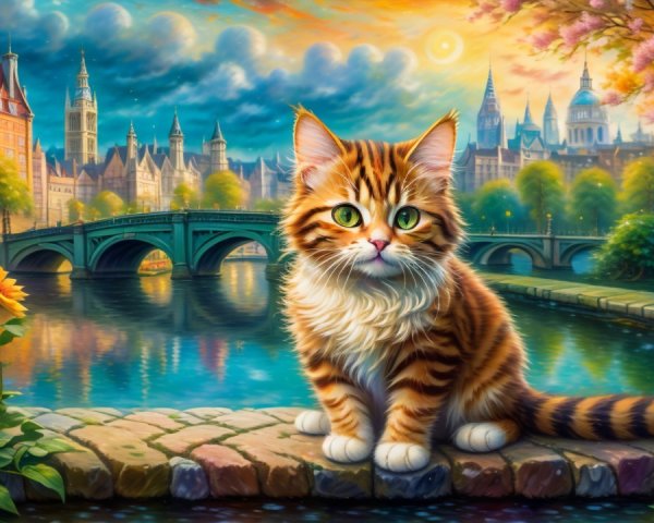 Tabby Cat by River with Cityscape and Sunset