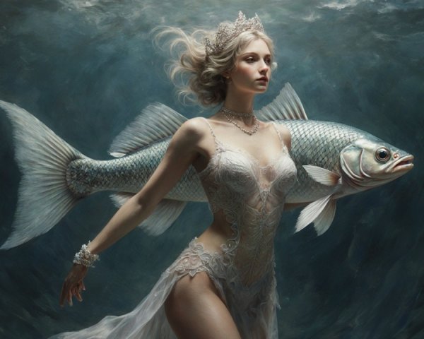 Mystical Underwater Scene with Ethereal Woman and Fish