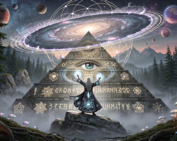 Mystical Pyramid with All-Seeing Eye in Foggy Forest