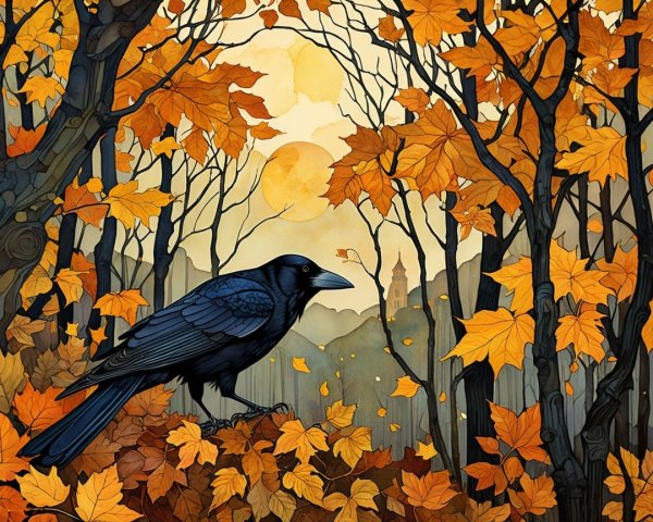 Raven Among Autumn Leaves and Misty Landscape