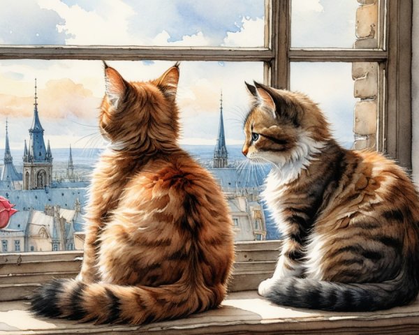 Fluffy Cats on Windowsill with Cityscape View