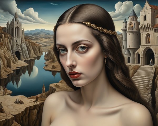 Woman with Golden Headpiece in Surreal Landscape