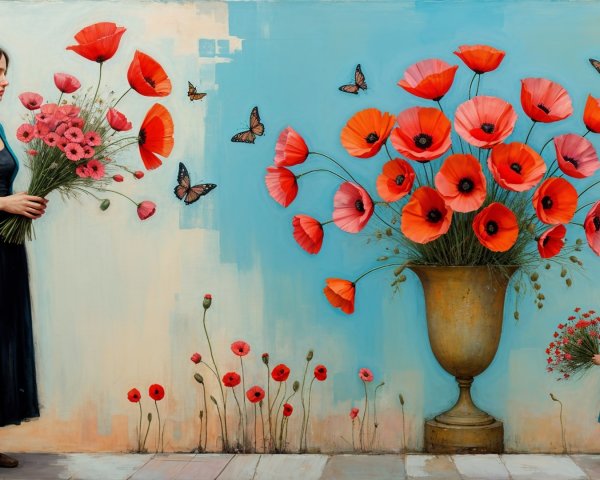 Serene Scene of Woman and Girl with Flowers and Butterflies