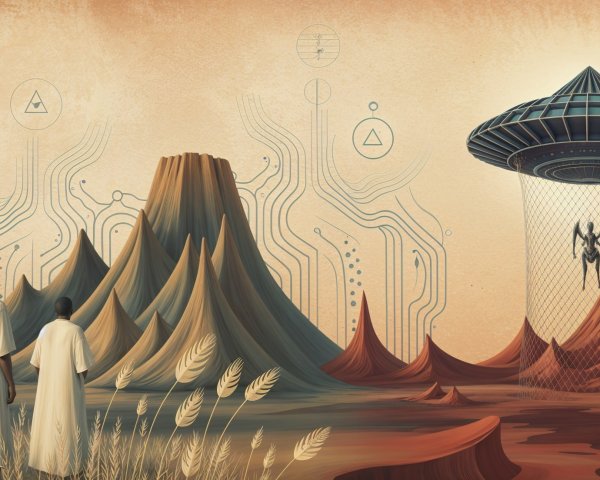 Surreal Landscape with Figures, UFO, and Alien Emergence