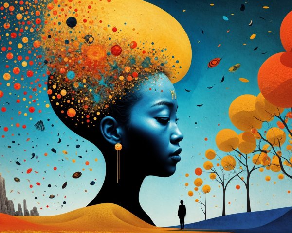 Surreal Illustration of a Woman with Colorful Hair