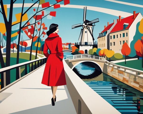 Woman in Red Coat by Autumn Canal with Windmill