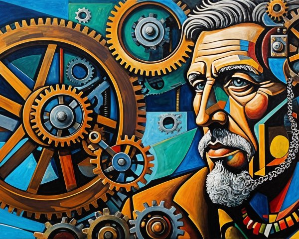 Abstract Portrait of an Older Man with Gears Background