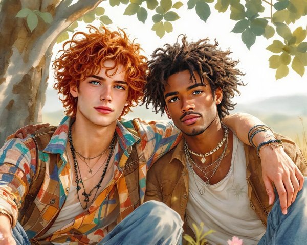 Young Men Sitting Together in a Flower Field