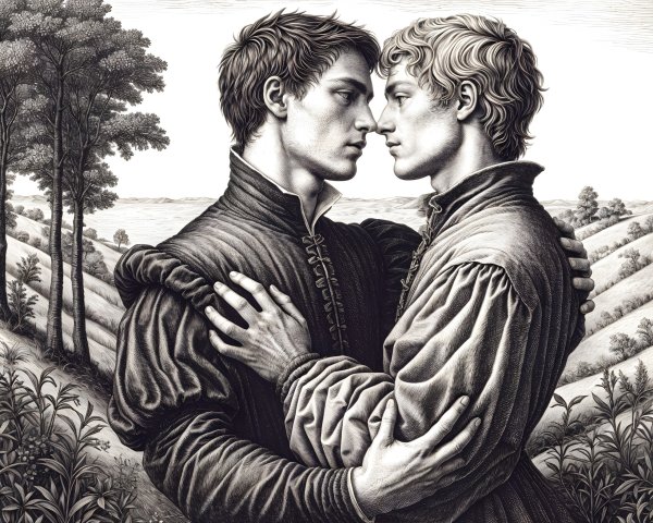 Black and white illustration of two men embracing
