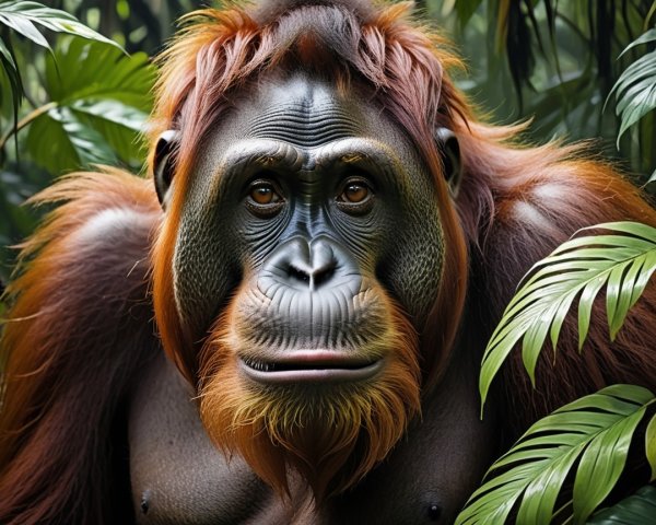 Close-up of an orangutan in lush green habitat