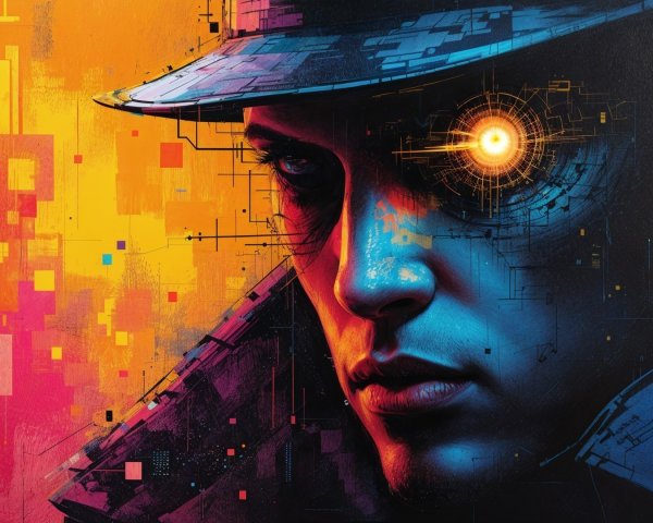 Close-Up of a Cybernetic Detective with Glowing Eye