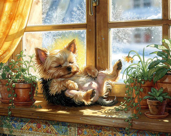 Watercolor Painting of a Sleeping Yorkshire Terrier Puppy