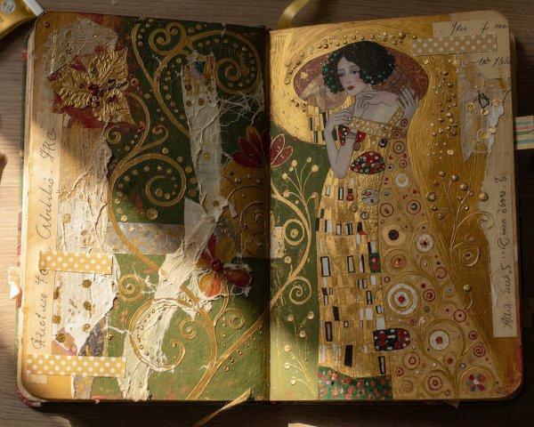 Mixed Media Art Journal with Klimt-Inspired Collage
