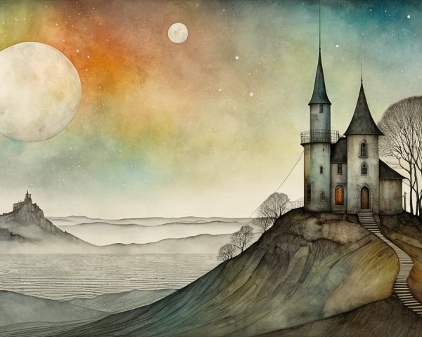 Mystical Landscape with Castle and Celestial Bodies