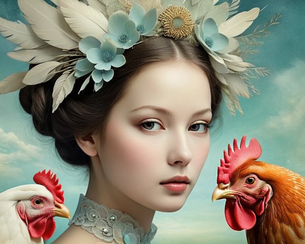Young Woman with Floral Headpiece and Chickens