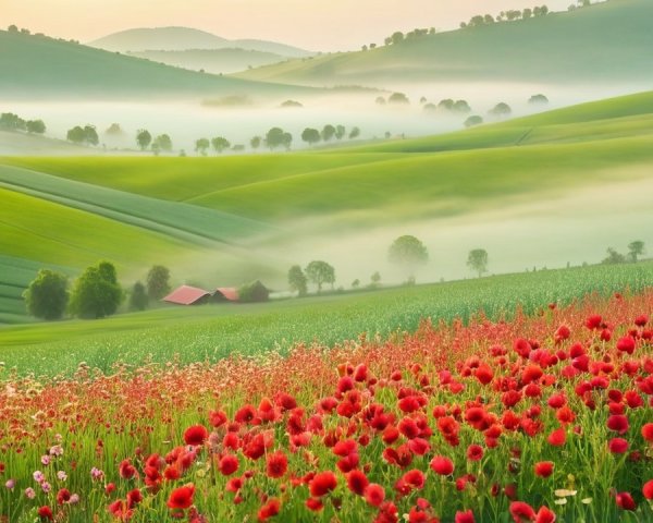 Serene Landscape with Rolling Hills and Red Flowers