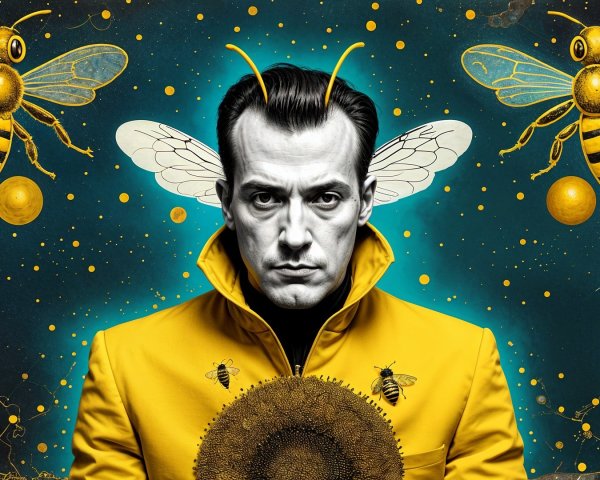 Man in Yellow Jacket with Insect Wings and Bees