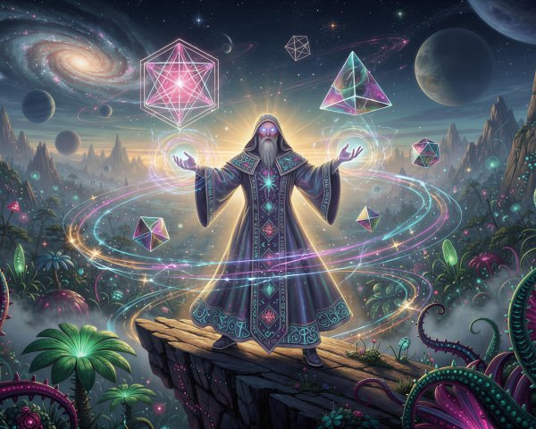 Old wizard casting spell on cliff with cosmic landscape