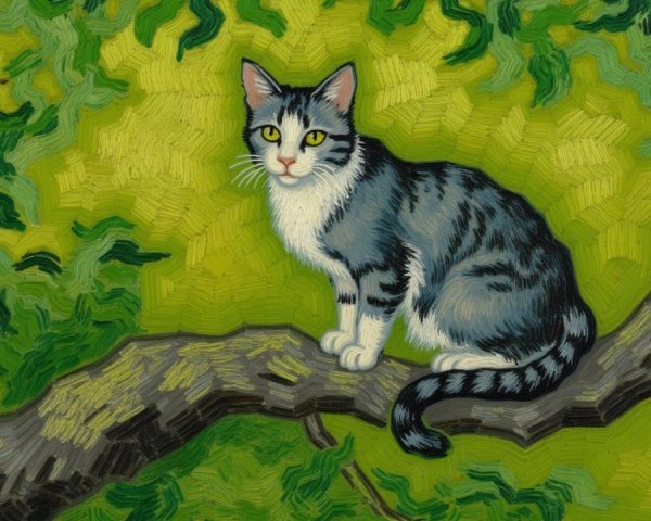 Graceful cat on branch surrounded by green foliage