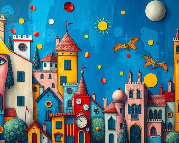 Vibrant Whimsical Landscape with Colorful Architecture