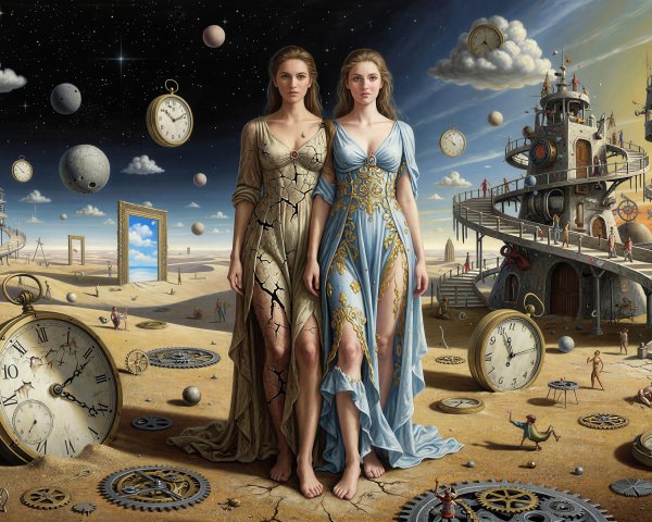 Surreal Oil Painting of Women in Desert with Clocks