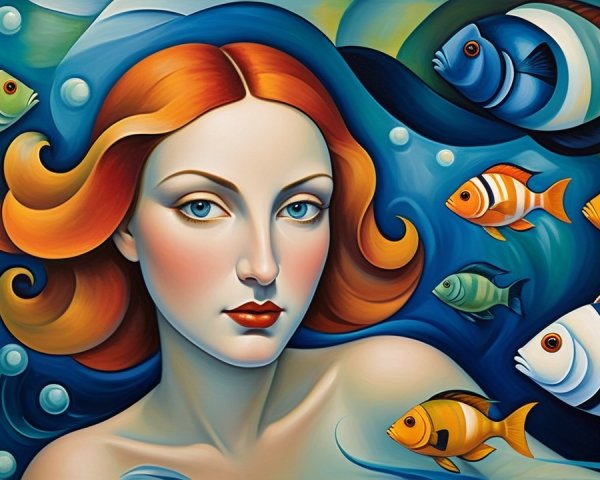 Stylized Woman with Red Hair in Underwater Scene