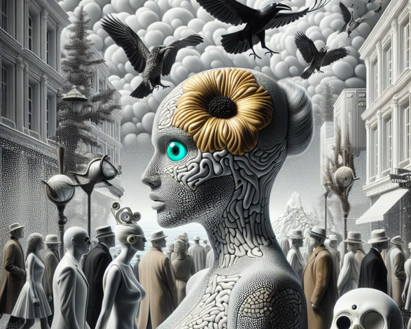 Surreal Urban Scene with Humanoid Figure and Ravens