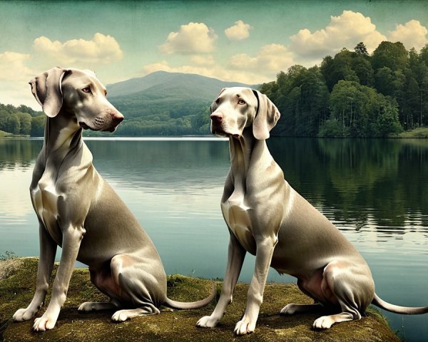 Elegant dogs by a tranquil lake with lush scenery