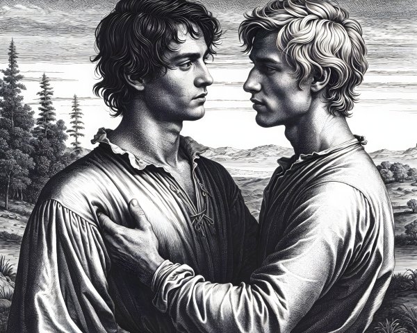 Intense Portrait of Two Young Men in Monochrome Landscape