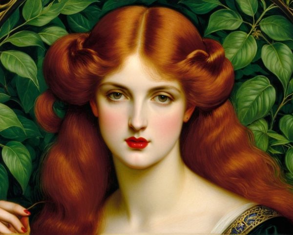 Portrait of a Woman with Red Hair and Green Leaves