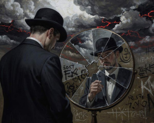 Moody Hyperrealistic Painting of Man and Broken Mirror