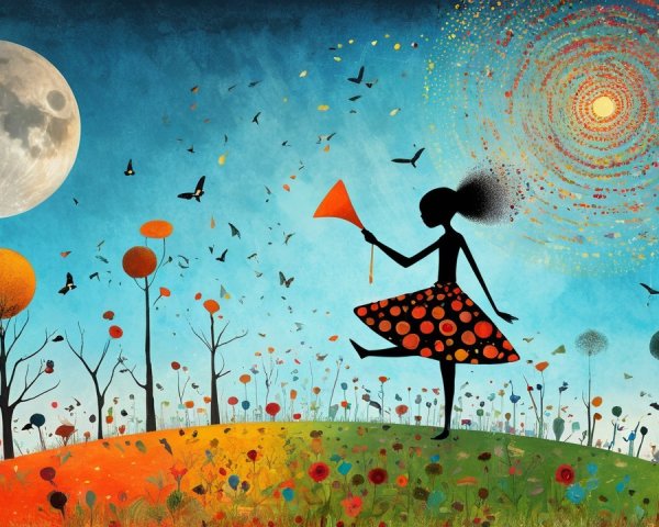 Whimsical Silhouette of a Dancing Girl on a Hill