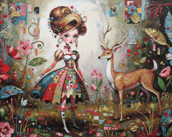 Whimsical Girl and Deer in Vibrant Forest Painting