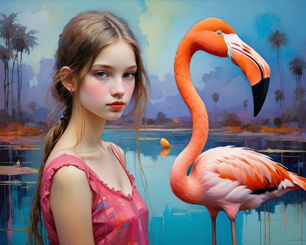 Young girl with flamingo in tropical scene
