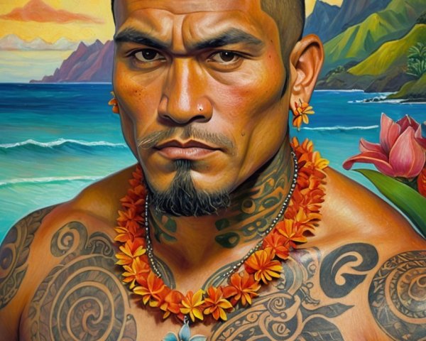 Muscular Man with Tattoos in Tropical Setting