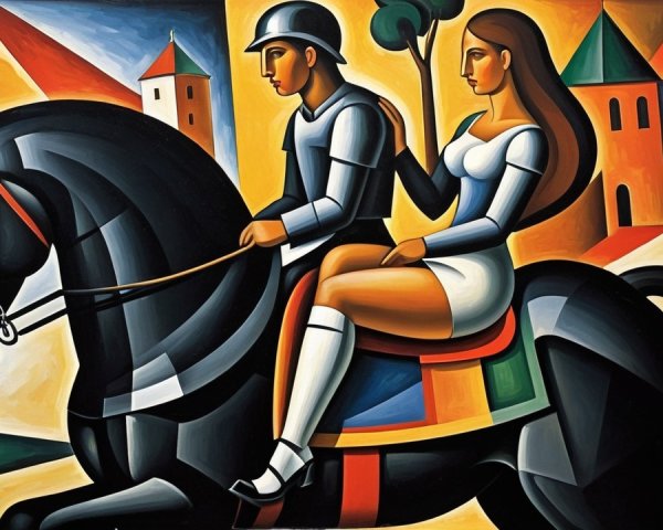 Colorful Painting of Knight, Woman, and Vibrant Landscape