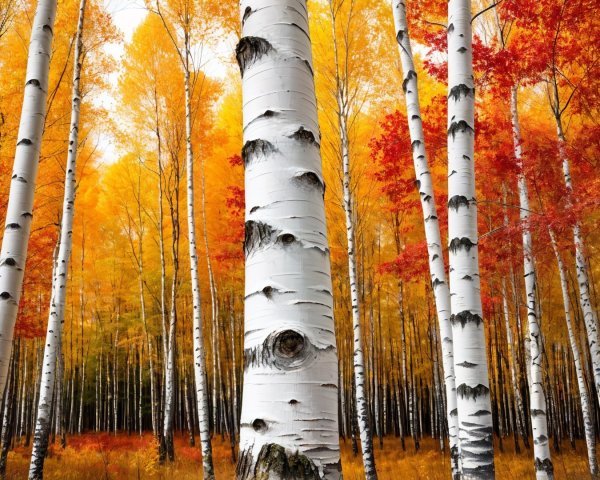 Serene Forest with Birch Trees and Autumn Foliage