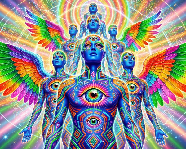 Psychedelic Artwork of Blue Humanoids with Wings